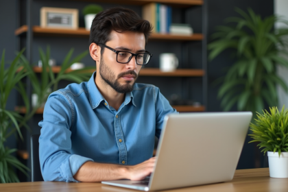Jeune homme concentré sur son ordinateur dans un bureau moderne