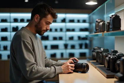 Jeune homme inspectant une camera Sony Rexon en magasin