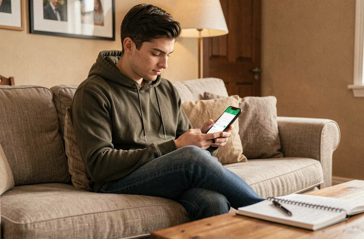 Jeune homme programmant un message WhatsApp depuis son canapé dans un salon moderne