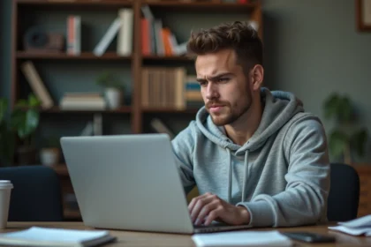 Jeune homme en hoodie code sur son ordinateur