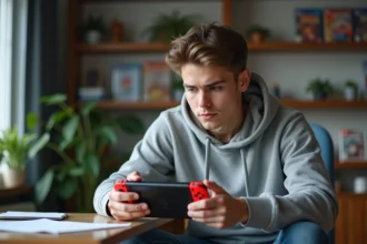 Jeune homme avec console Nintendo Switch dans un salon moderne