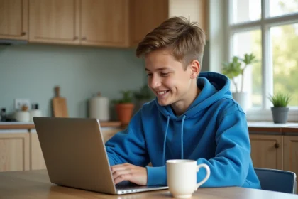 Adolescent en hoodie bleu vérifiant ses notes sur un laptop