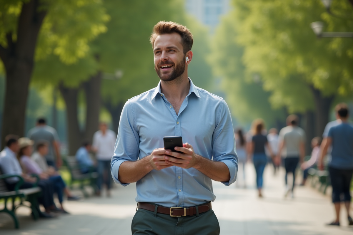Jeune homme avec casque dans un parc urbain animé