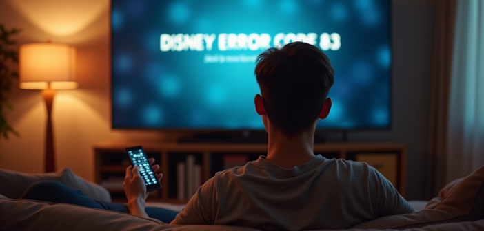 Jeune adulte frustré regardant un écran Disney avec erreur 83