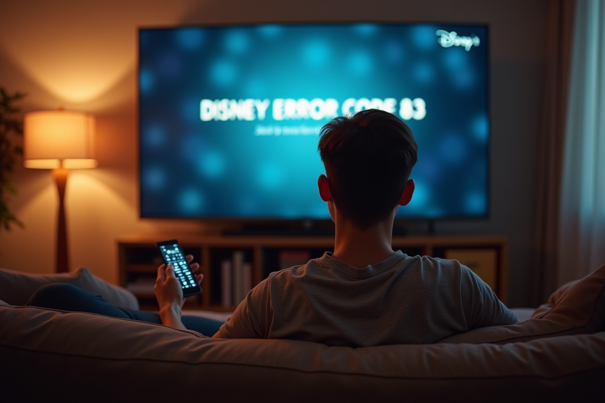 Jeune adulte frustré regardant un écran Disney avec erreur 83
