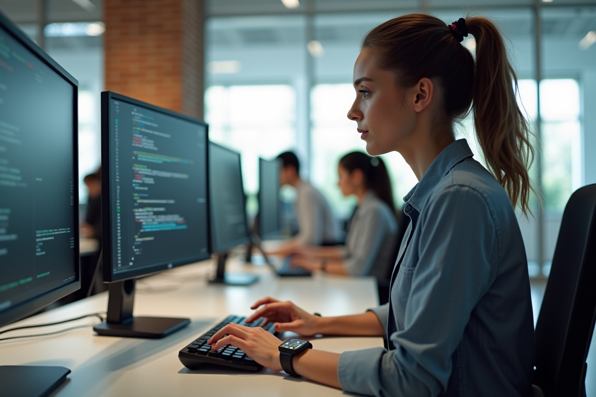 Jeune femme en informatique concentrée sur son ordinateur
