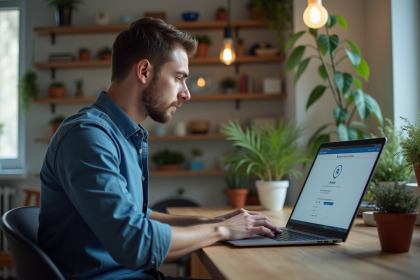 Jeune homme travaillant sur un VPN dans un bureau moderne