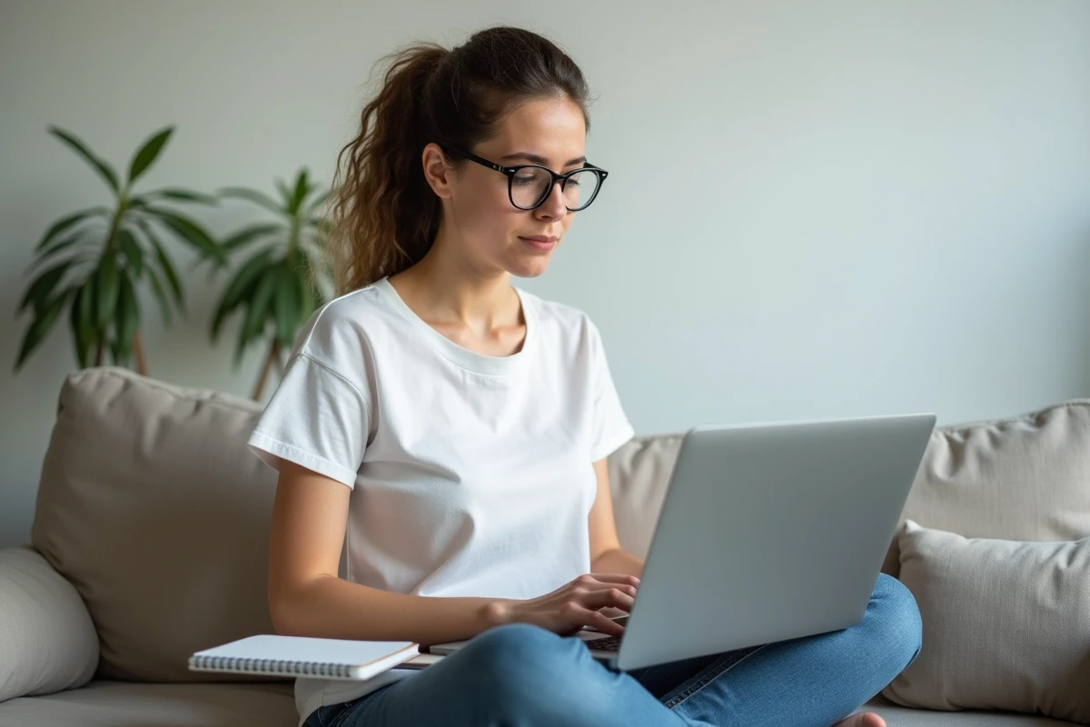 Jeune rédactrice web vérifiant le nombre de caractères de son contenu sur un ordinateur portable depuis son salon
