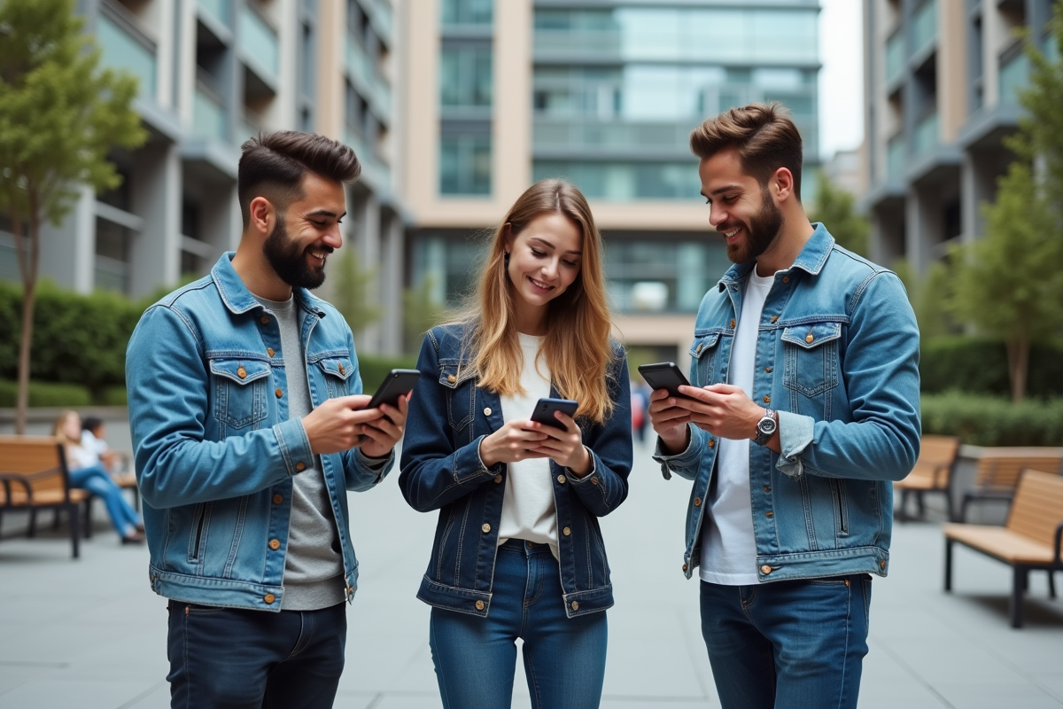 Trois jeunes adultes discutant dans un espace urbain animé