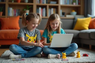 Adolescents jouant avec des cartes Pokémon et jouets pixel art