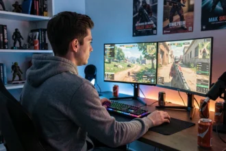 Joueur de roleplay en ligne avec mods sur GTA dans sa chambre de gamer avec double écran
