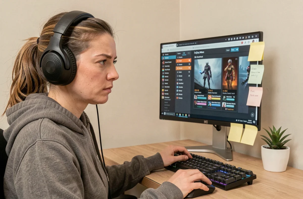 Joueuse concentrée sur un serveur de roleplay moddé avec casque gaming à son bureau de streaming