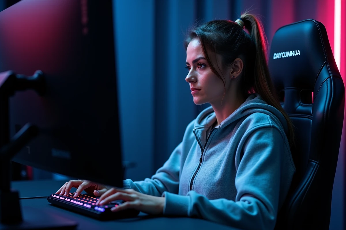 Joueuse utilisant une souris gaming sans fil dans un espace esports professionnel