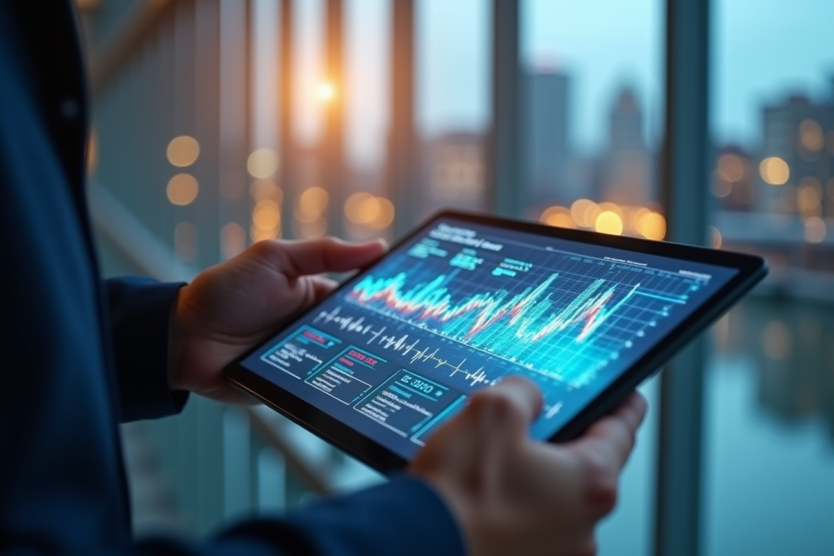 Mains tenant une tablette avec visualisations de donnees innovantes