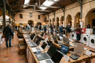 Vue d'ensemble d'un marché de matériel reconditionné dans les Bouches-du-Rhône avec laptops, smartphones et électroménager d'occasion