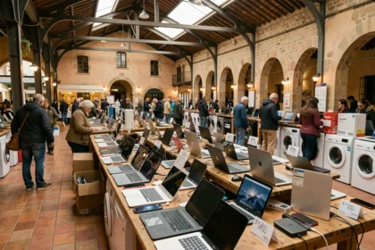 Vue d'ensemble d'un marché de matériel reconditionné dans les Bouches-du-Rhône avec laptops, smartphones et électroménager d'occasion