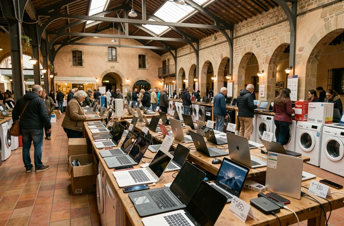 Vue d'ensemble d'un marché de matériel reconditionné dans les Bouches-du-Rhône avec laptops, smartphones et électroménager d'occasion