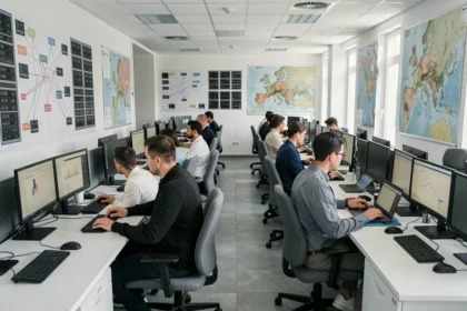 Vue d'ensemble d'un bureau informatique moderne dans le Var, avec des techniciens travaillant sur des postes de travail multi-écrans