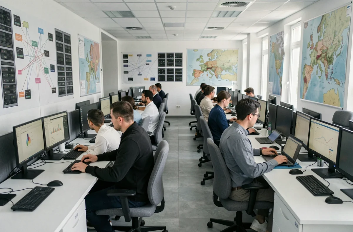 Vue d'ensemble d'un bureau informatique moderne dans le Var, avec des techniciens travaillant sur des postes de travail multi-écrans