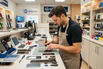 Technicien réparant des smartphones dans un atelier professionnel en Loire-Atlantique