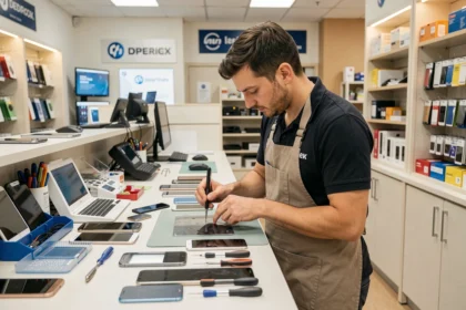 Technicien réparant des smartphones dans un atelier professionnel en Loire-Atlantique