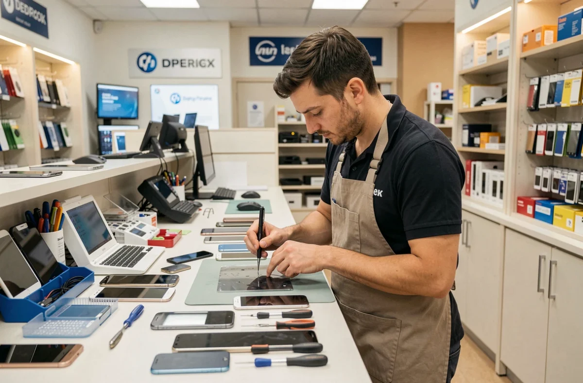 Technicien réparant des smartphones dans un atelier professionnel en Loire-Atlantique