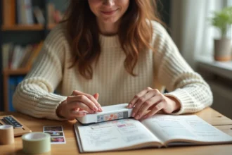 Femme utilisant une mini imprimante portable pour coller des stickers dans son bullet journal sur un bureau en bois