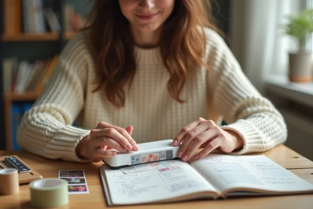 Femme utilisant une mini imprimante portable pour coller des stickers dans son bullet journal sur un bureau en bois