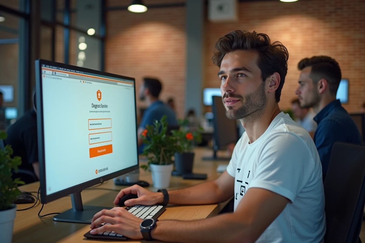 Jeune homme mettant à jour son mot de passe sur le compte portail Orange dans un espace de coworking