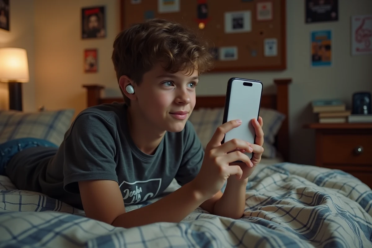 Adolescent écoutant de la musique téléchargée depuis YouTube sans publicité sur son smartphone dans sa chambre