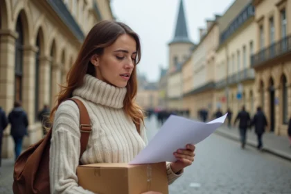 Nouvelle arrivante à Limoges consultant des documents administratifs dans une rue pavée près de la cathédrale Saint-Étienne