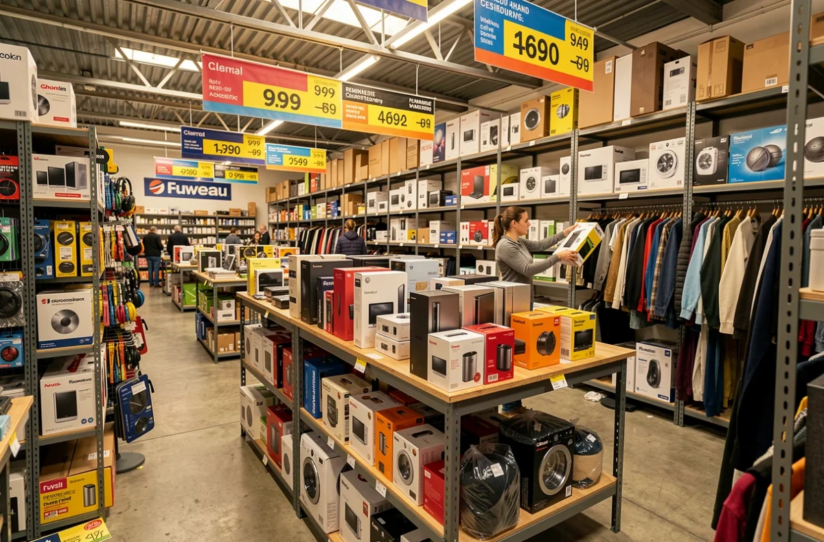 Intérieur du magasin One Way Fuveau avec rayons de produits multimarques en déstockage et seconde main
