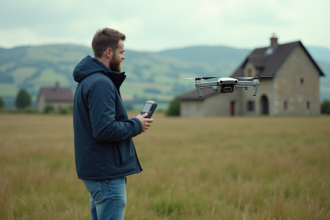 Homme en champ rural pilotant un drone avec paysage français