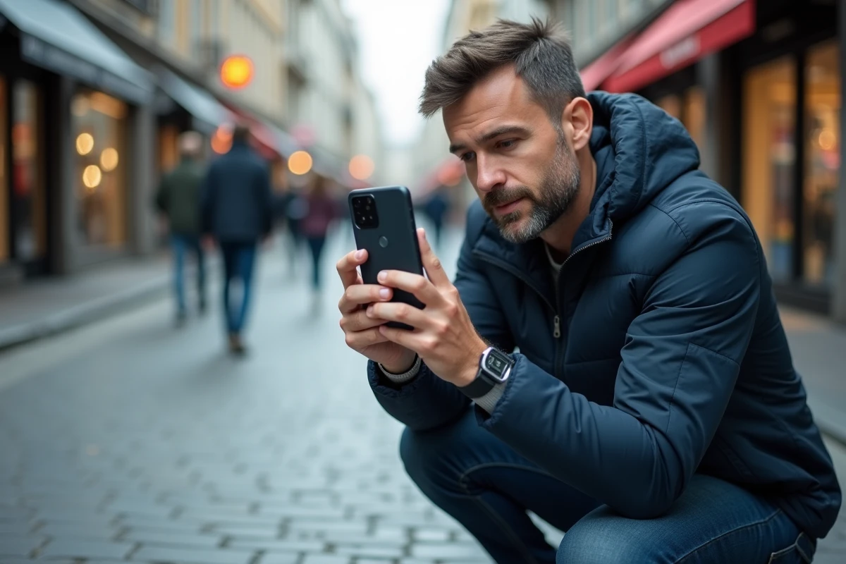 Homme photographiant la rue avec un Google Pixel 6a, illustrant les capacités photo du smartphone en conditions réelles