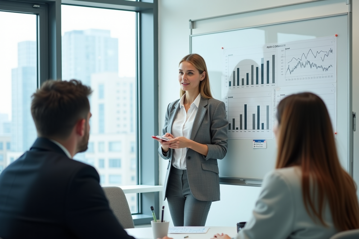 Jeune femme présentant des graphiques KPI en réunion