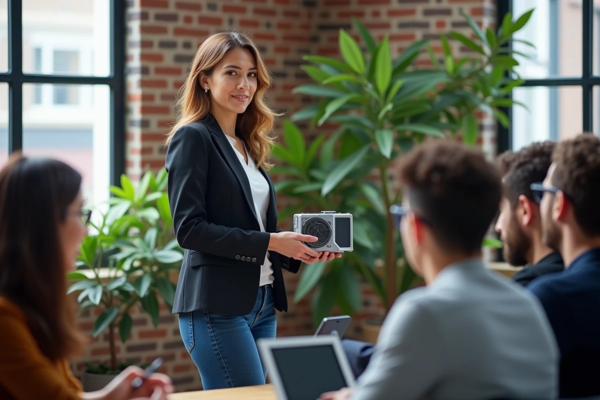 Jeune femme présentant un dispositif quantique à un groupe