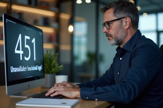 Homme professionnel IT travaillant sur un ordinateur avec erreur 451