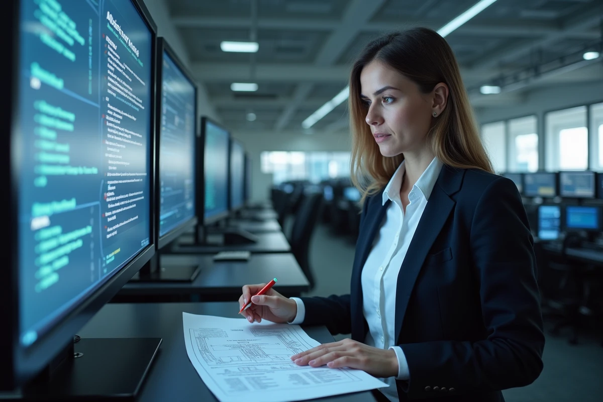 Professionnelle IT annotant un diagramme RMF dans un centre opérationnel de cybersécurité