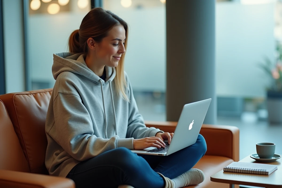 Jeune professionnelle du marketing digital explorant des visuels de campagne générés par Leonardo AI en français sur son ordinateur portable