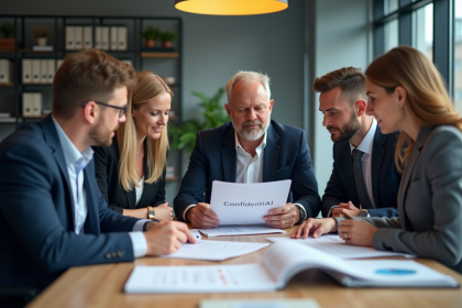 Groupe de professionnels en réunion autour de documents confidentiels