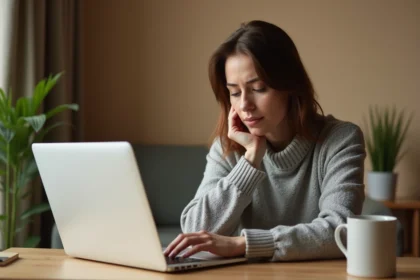 Femme devant son ordinateur portable essayant de récupérer un mot de passe oublié sur webmelanie2