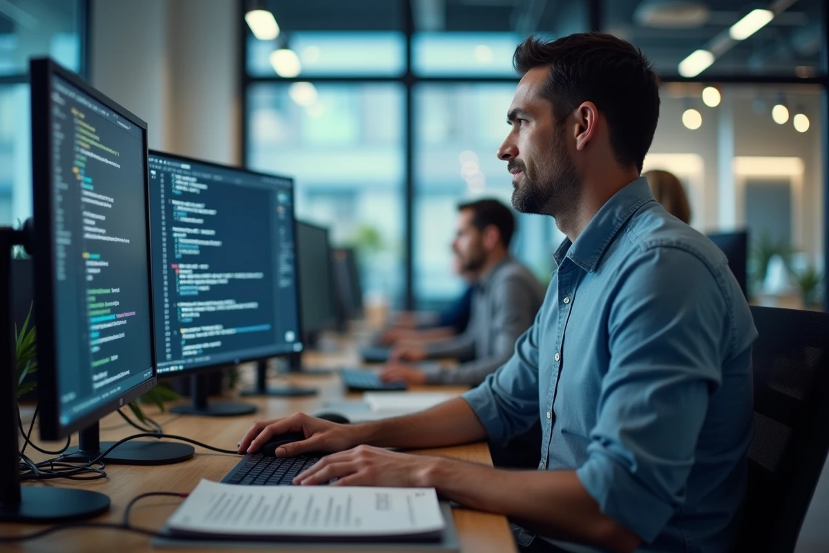 Rédacteur web masculin travaillant sur un éditeur de texte avec comptage de caractères dans un open space moderne
