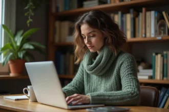 Rédactrice web concentrée devant son ordinateur portable dans un bureau à domicile, illustrant l'utilisation d'un compteur de caractères en ligne