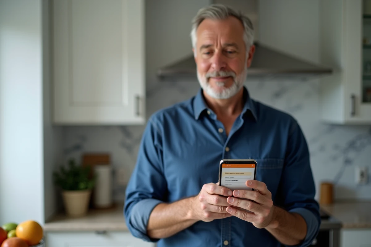 Homme réinitialisant son mot de passe du compte Orange sur smartphone dans une cuisine moderne