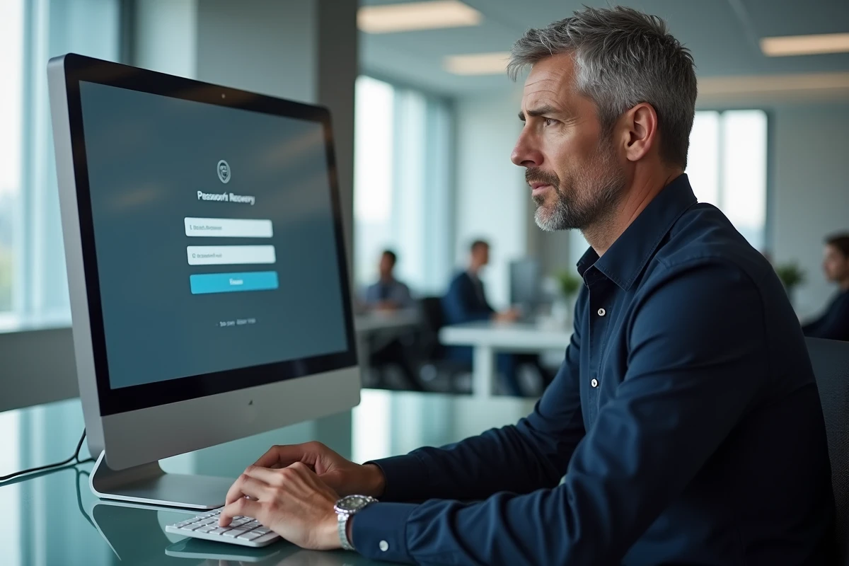 Homme en entreprise tentant de récupérer son mot de passe sur un formulaire de réinitialisation webmelanie2
