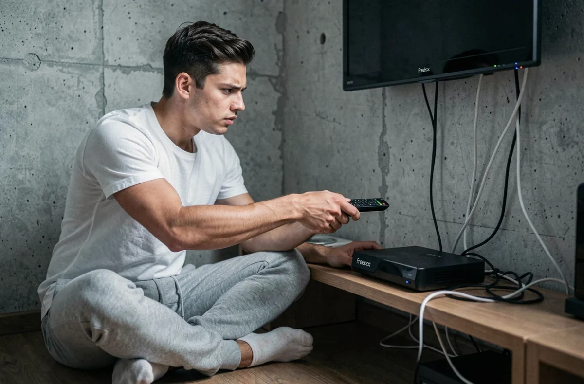 Jeune homme essayant de réinitialiser une télécommande Free en la pointant vers un décodeur Freebox