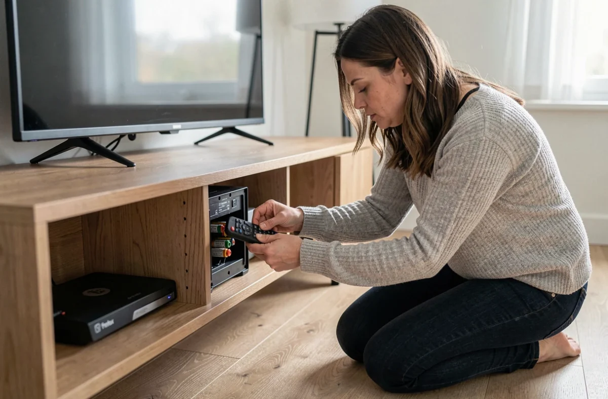 Femme remplaçant les piles d'une télécommande Free devant un décodeur Freebox dans un salon moderne
