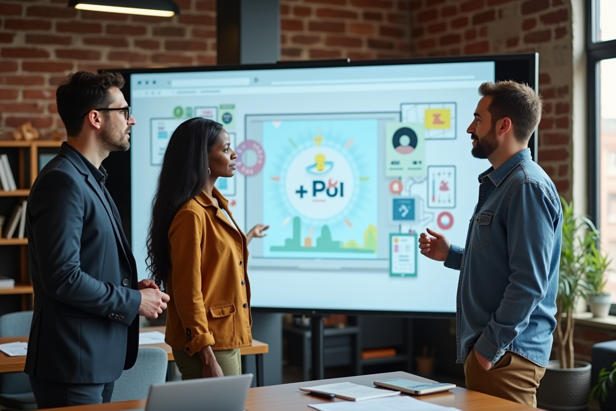 Groupe de collègues discutant autour d’un tableau blanc numérique en réunion