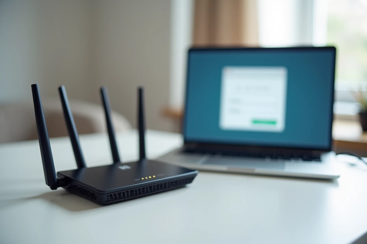 Routeur Wi-Fi domestique posé près d'un ordinateur affichant une page de configuration d'adresse IP dans un navigateur