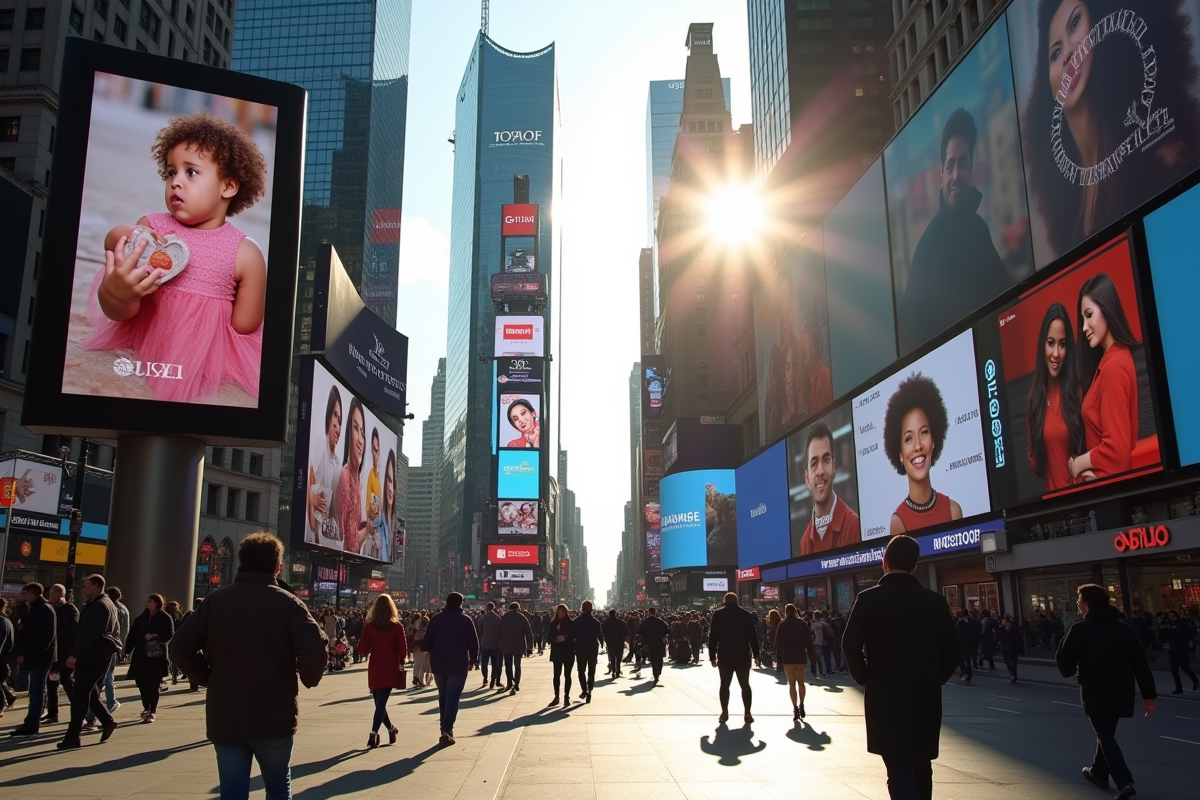 Rue animée avec panneaux publicitaires numériques pour piétons